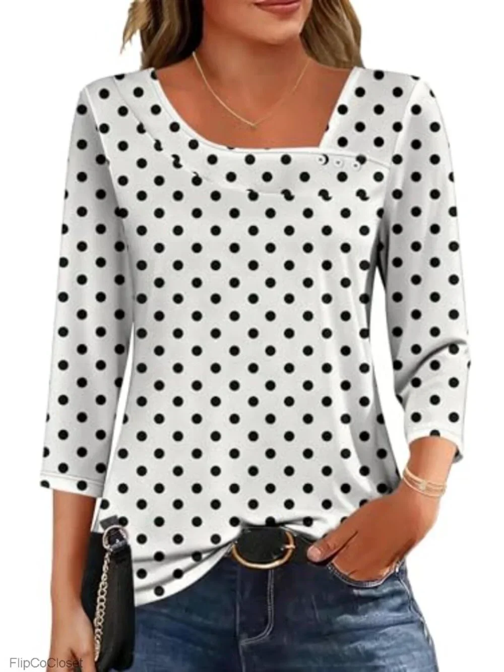 Women's 3/4 Sleeve Button-Front Tunic Top Soft Stretchy Lightweight Business
